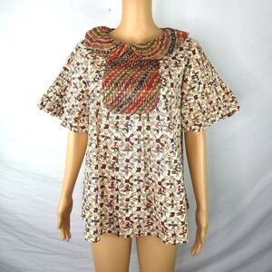 Danar Hadi Indonesia Peter Pan Collar Pleated Pintuck Multi Print Blouse Shirt